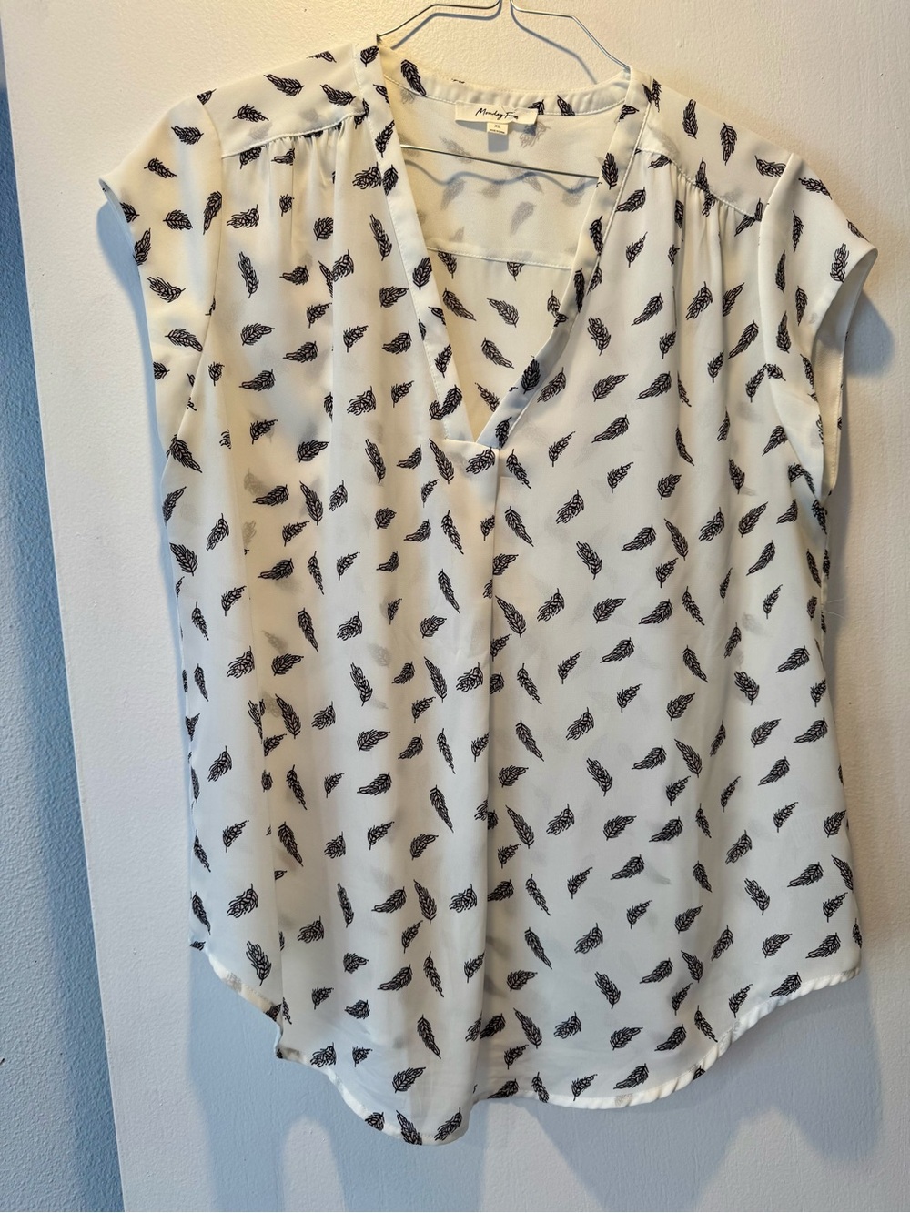 Monday Fun White Top with Black and Lavender Leaf Motif